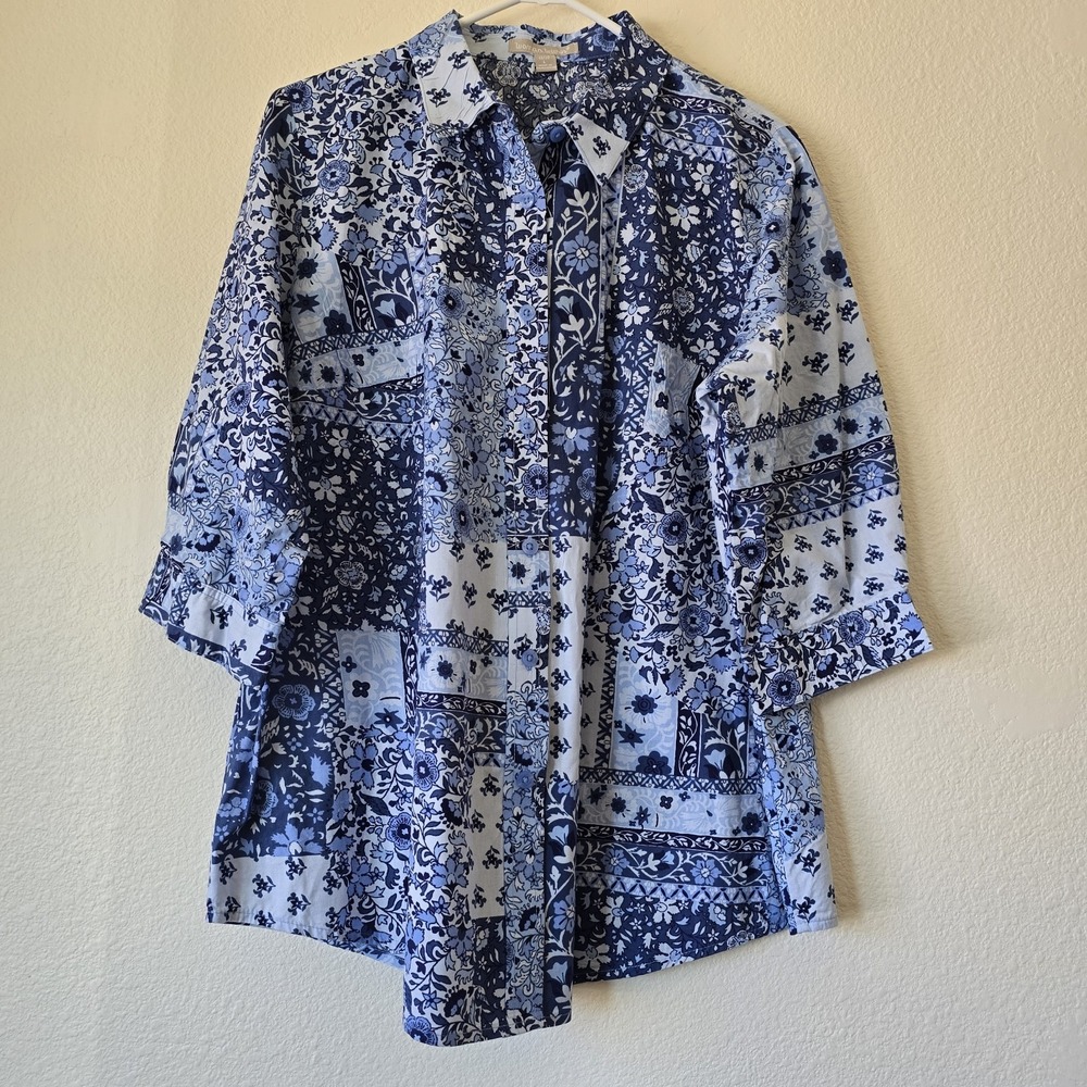 Woman Within Blue Floral Patchwork Button Up Top Sz Large 18/20 100% Cotton